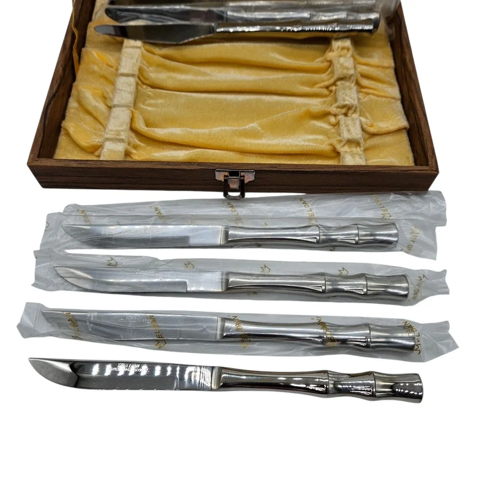 VTG Eldan Bamboo Handle Design Stainless Steel Japan 8 Pc Knife Set w box READ